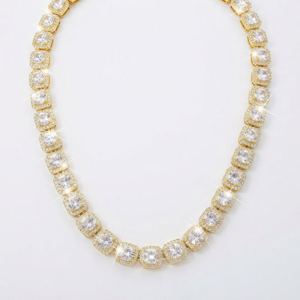 Iced Out Square Halo Cluster Tennis Chain Necklace – Large Center Stones with Double Halo Links | Silver or Gold