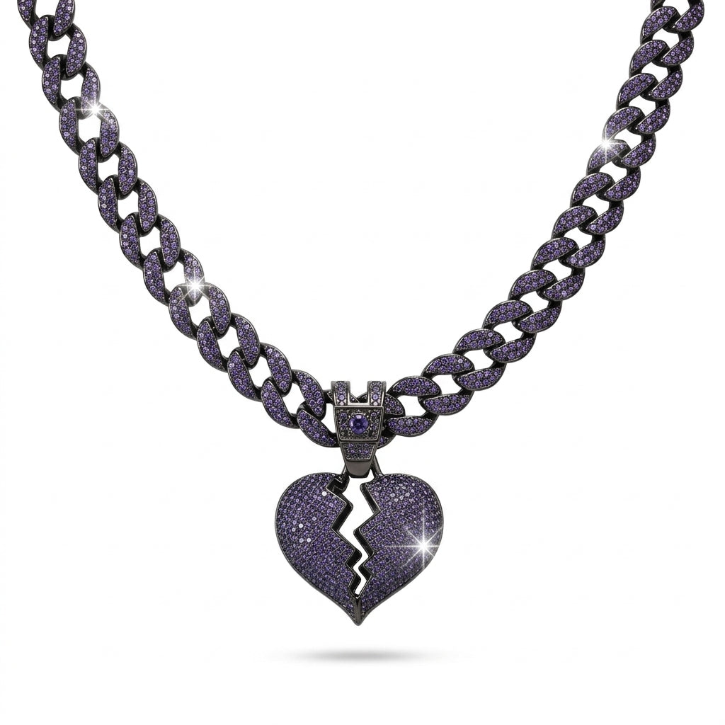 Iced Out Purple Broken Heart Pendant Necklace on Purple Cuban Link Chain – Split Heart with Open Crack
