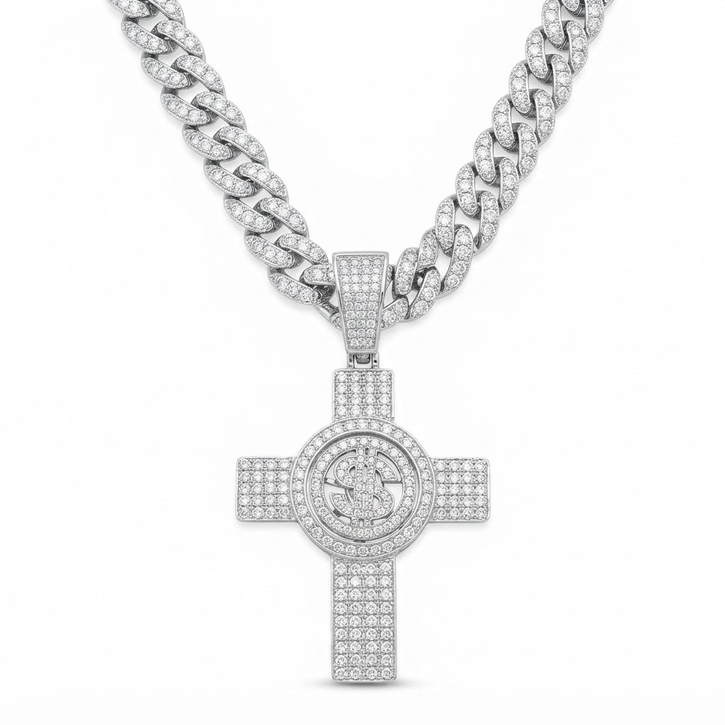 Iced Out Dollar Sign Cross Pendant Necklace on Cuban Link Chain – Fully Stone-Set with Double-Ring Center Frame | Gold or Silver