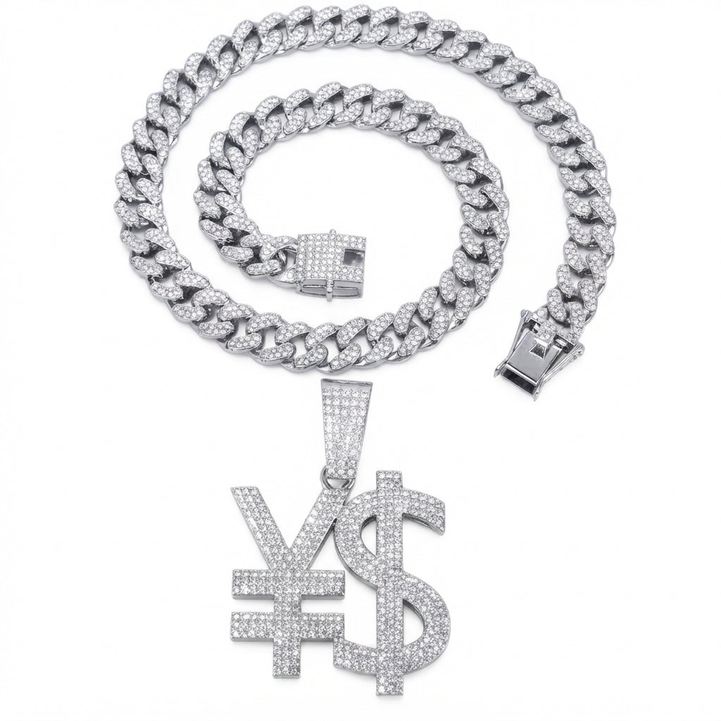 Iced Out Yen & Dollar Sign Pendant Necklace on Cuban Link Chain – Joined Currency Symbols, Fully Stone-Set | Gold or Silver
