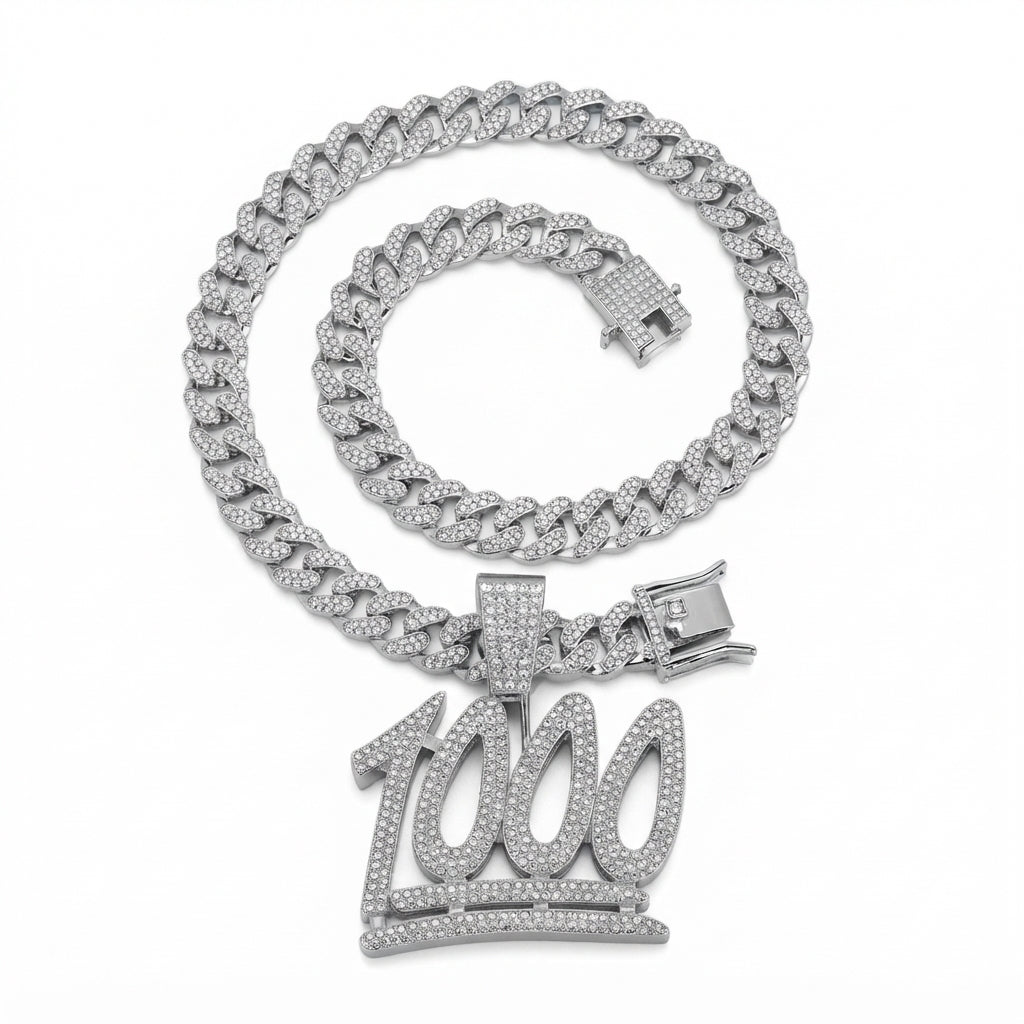 Iced Out 1000 Pendant Necklace on Cuban Link Chain – Keep It 1000 Emoji-Style Numerals with Double Underline | Gold or Silver
