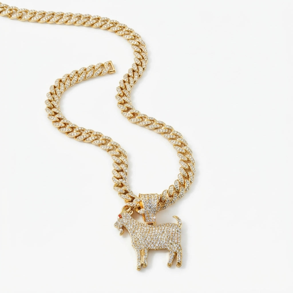 Iced Out Goat Pendant Necklace on Cuban Link Chain – Fully Stone-Set Standing Goat with Red Eye, Horns & Beard | Gold or Silver