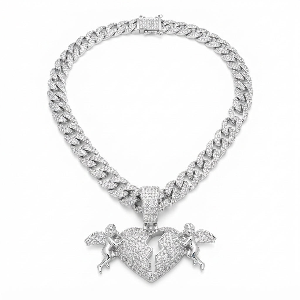 Iced Out Cherub Broken Heart Pendant Necklace on Cuban Link Chain – Polished Angels with Stone-Set Wings Holding Split Heart | Gold or Silver