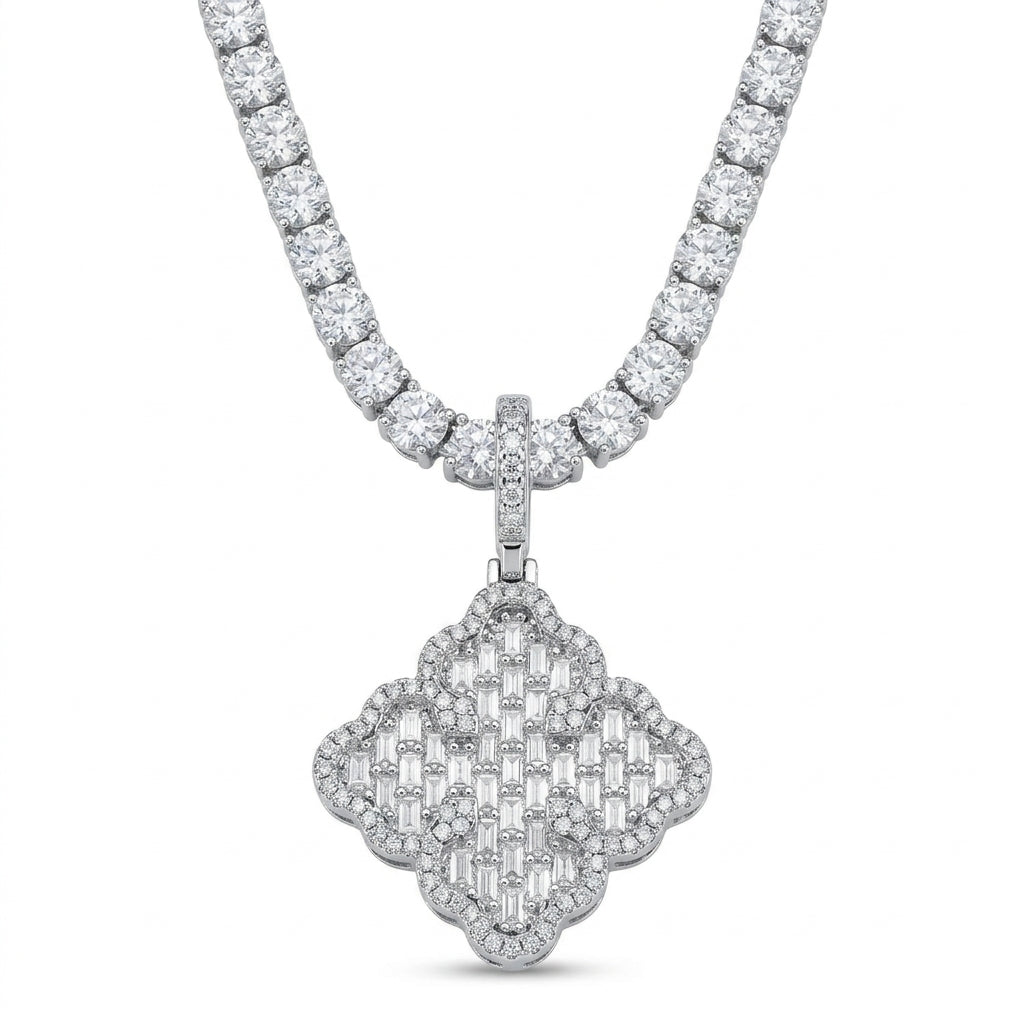 Iced Out Scalloped Diamond-Shaped Pendant Necklace on Tennis Chain – Baguette-Stone Grid with Round Stone Clusters | Silver