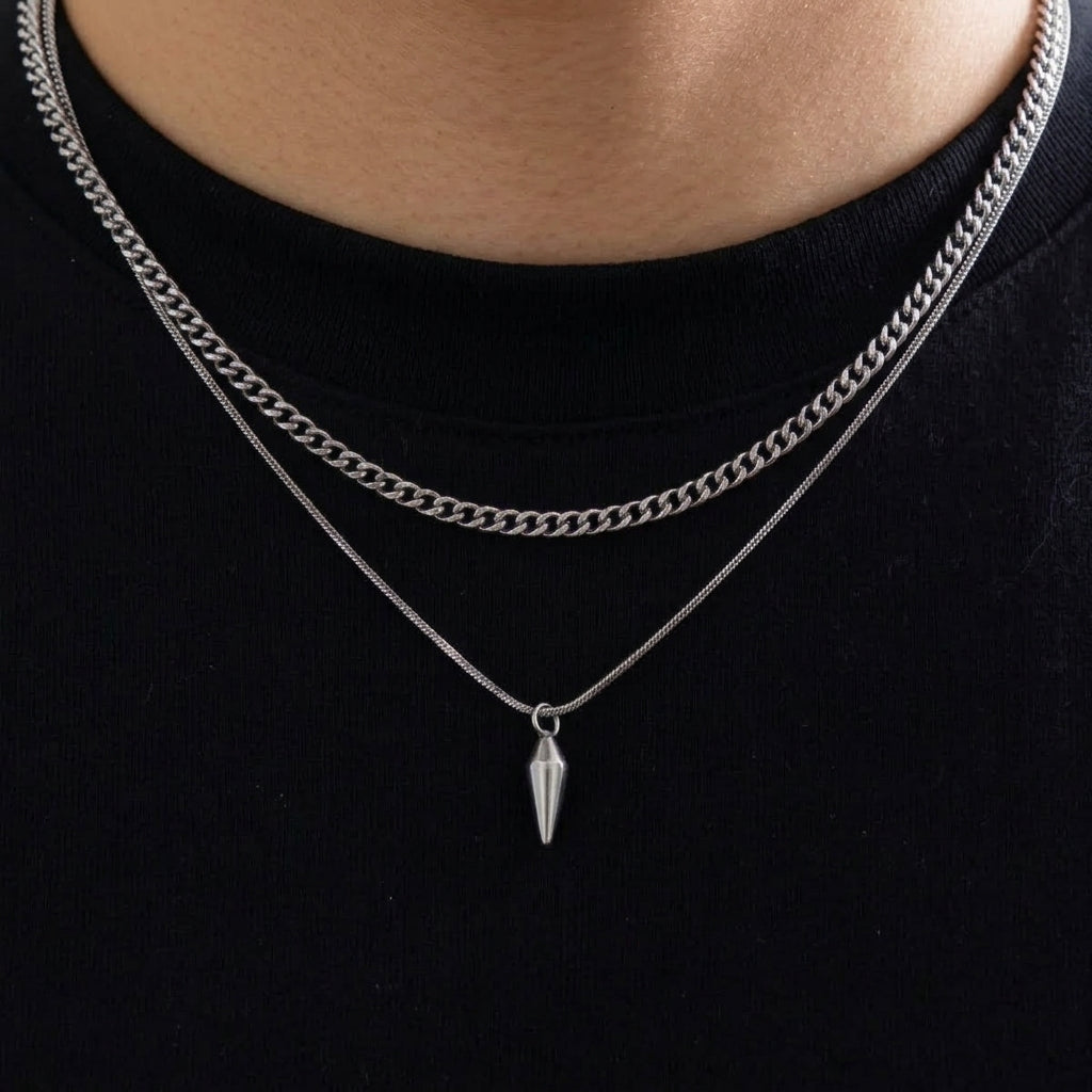 Layered Necklace Set – Curb Chain & Spike Pendant Snake Chain, Gold or Silver