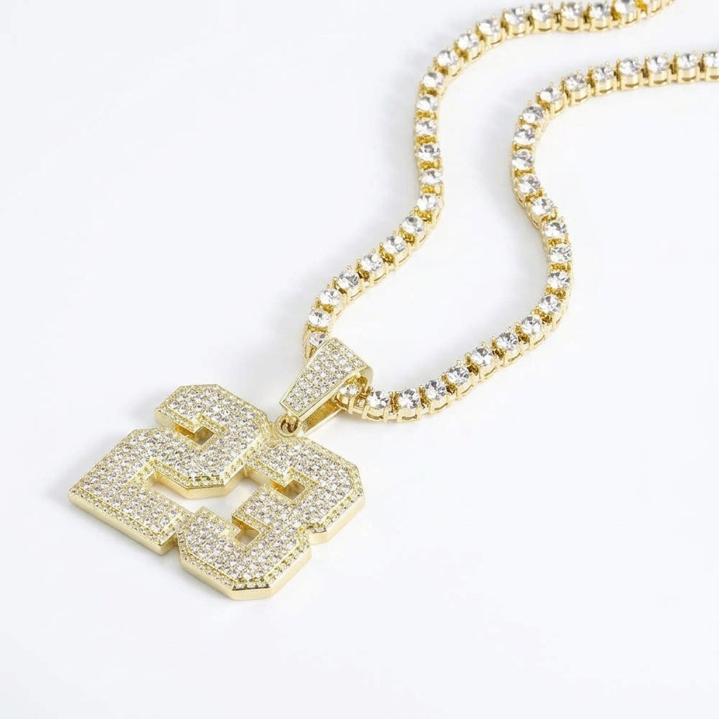 Iced Out Number 23 Pendant Necklace on Tennis Chain – 3D Layered Jersey Numerals | Silver or Gold