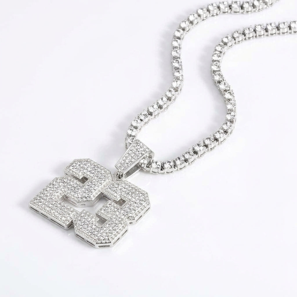Iced Out Number 23 Pendant Necklace on Tennis Chain – 3D Layered Jersey Numerals | Silver or Gold