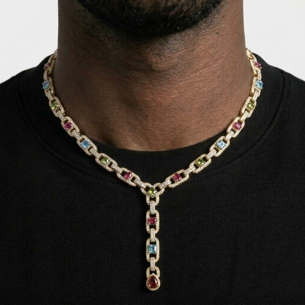 Iced Out Multicolor Y-Drop Link Chain Necklace – Stone-Set Mariner-Style Links with Red Pear-Shaped Drop | Gold or Silver