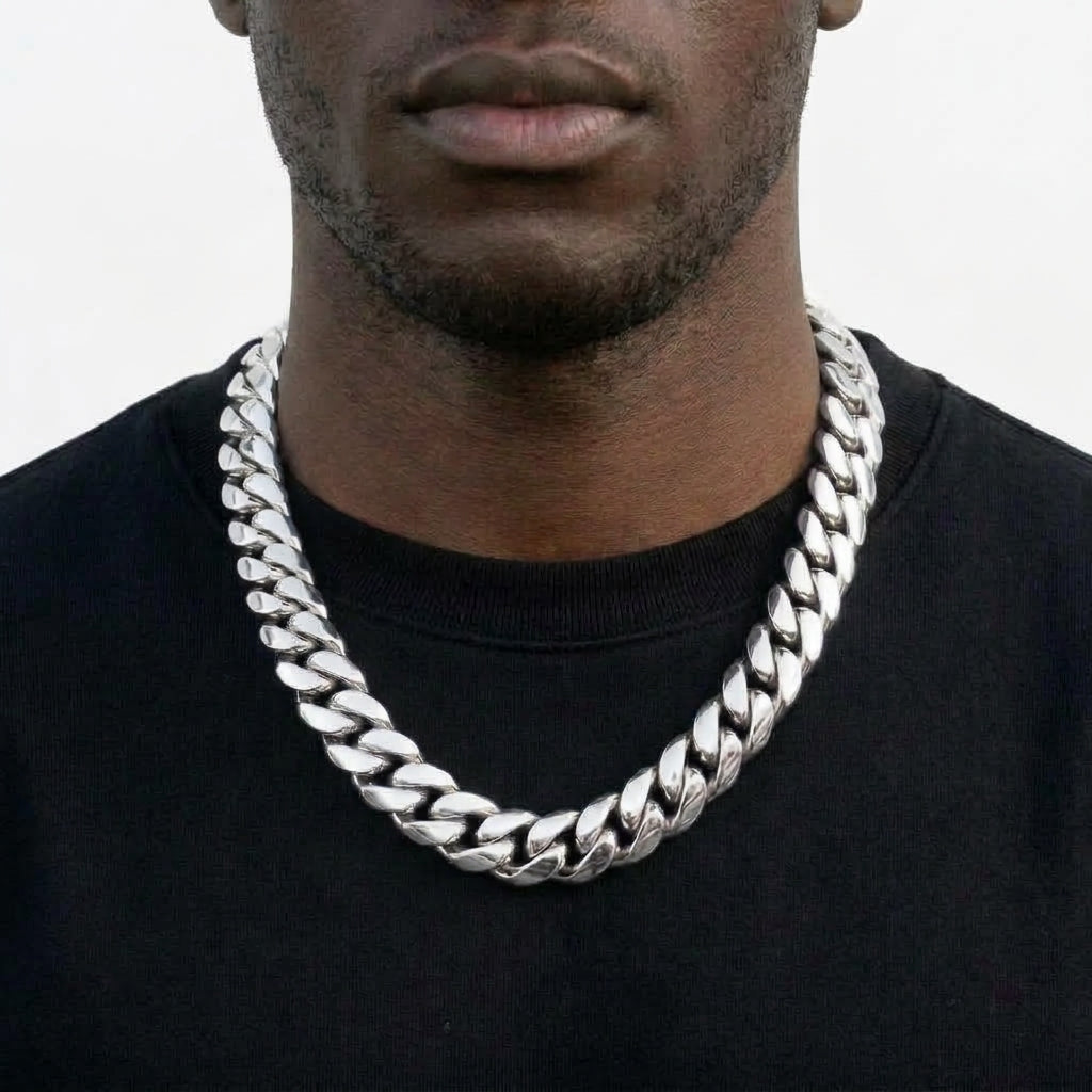 22mm Silver Cuban Link Chain Necklace – Polished Flat Interlocking Links