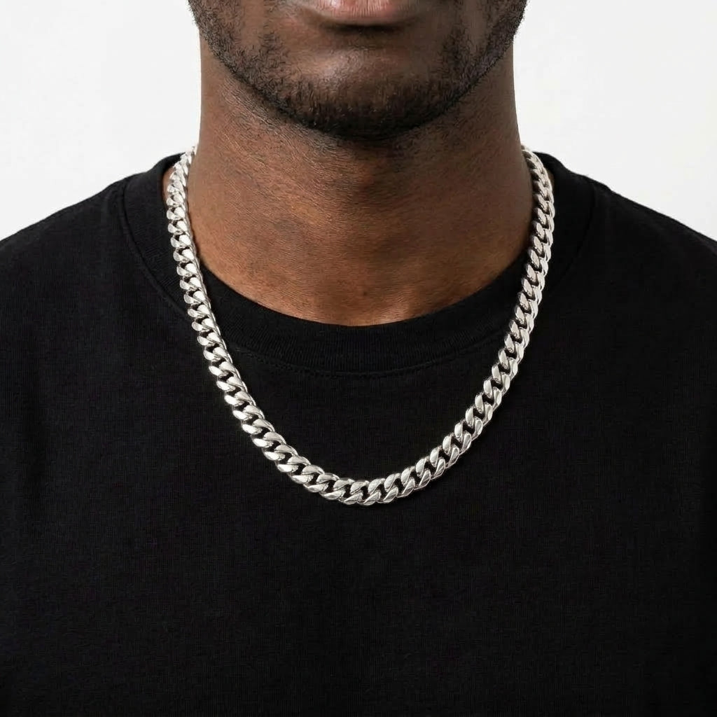 14mm Silver Cuban Link Chain Necklace – Polished Flat Interlocking Links