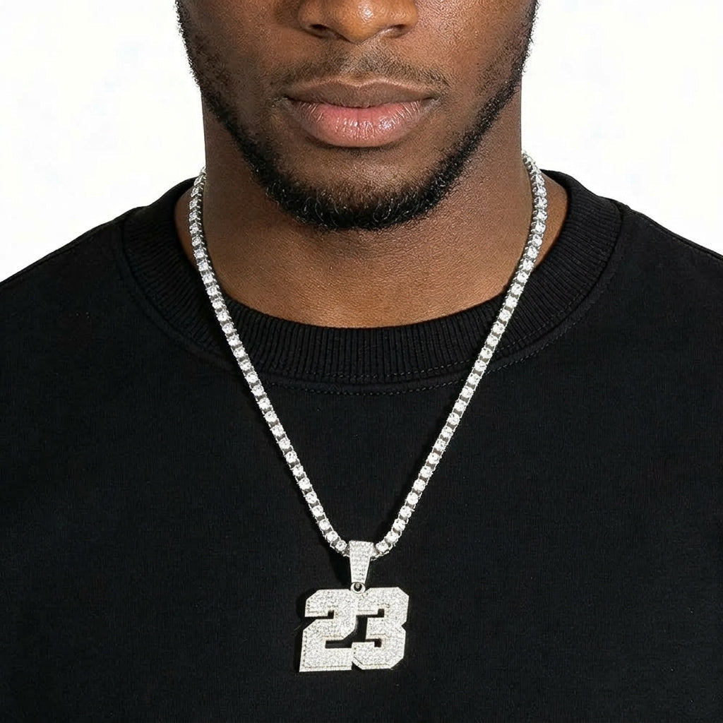 Iced Out Number 23 Pendant Necklace on Tennis Chain – 3D Layered Jersey Numerals | Silver or Gold