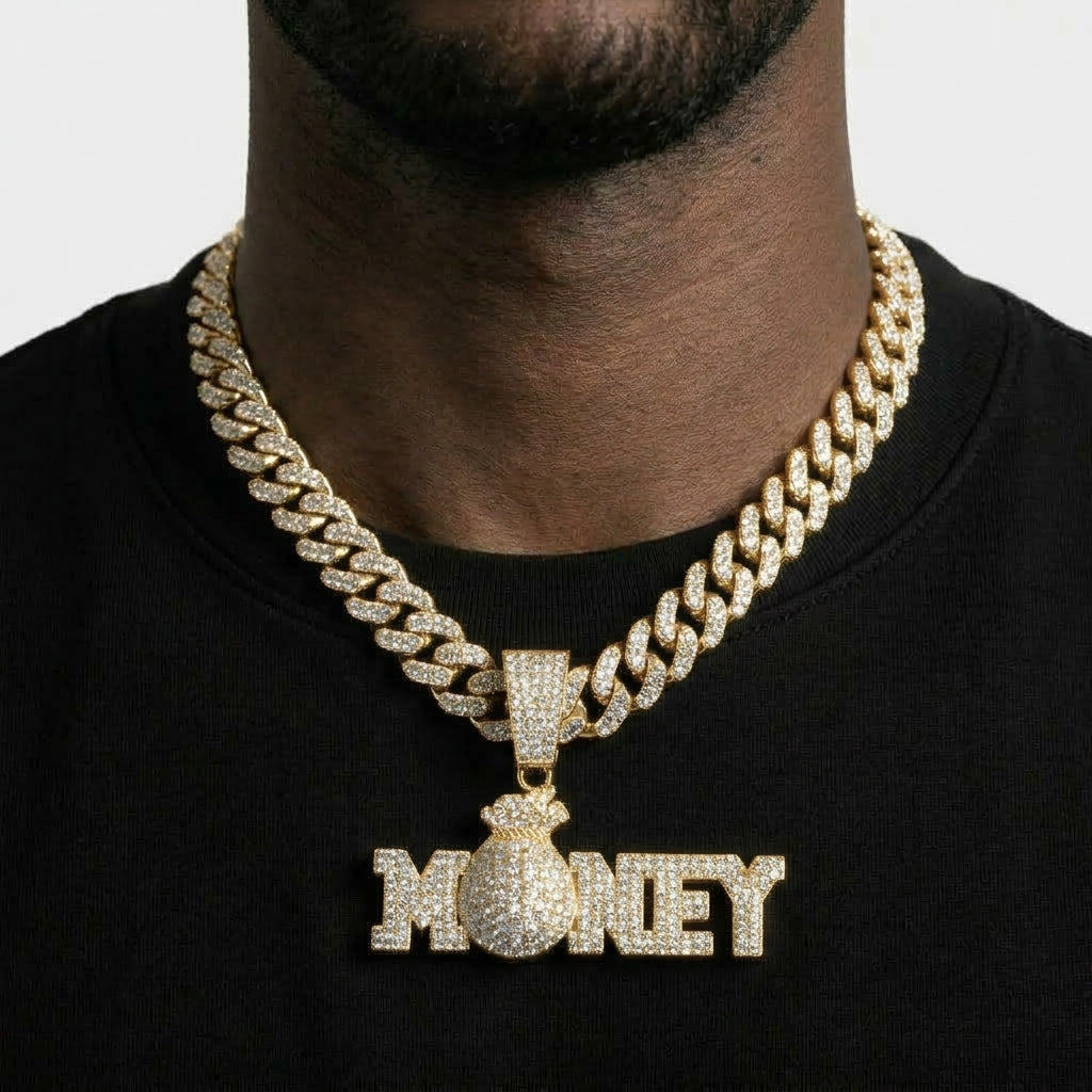 Iced Out MONEY Pendant Necklace on Cuban Link Chain – Money Bag O with Block Letters | Gold or Silver