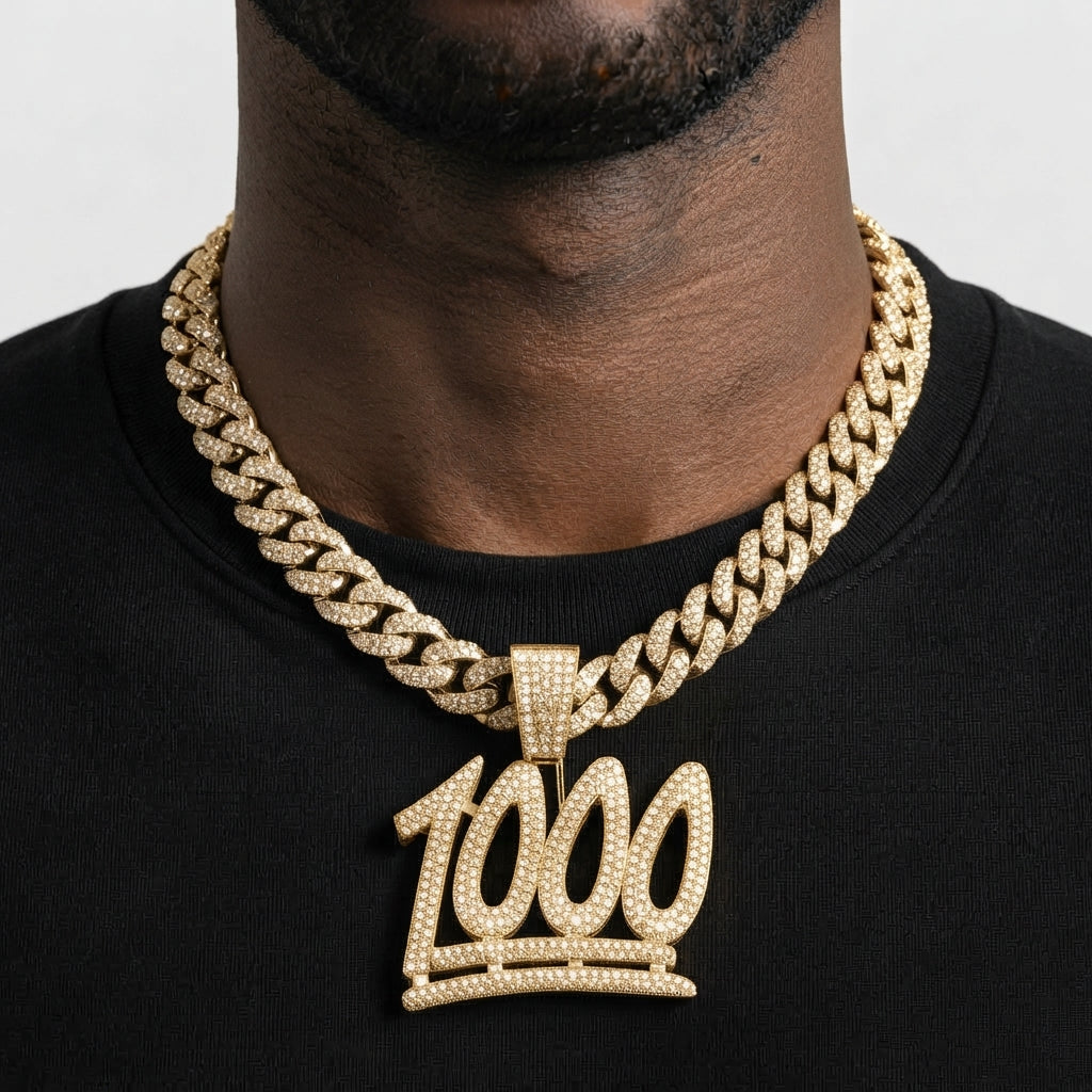 Iced Out 1000 Pendant Necklace on Cuban Link Chain – Keep It 1000 Emoji-Style Numerals with Double Underline | Gold or Silver