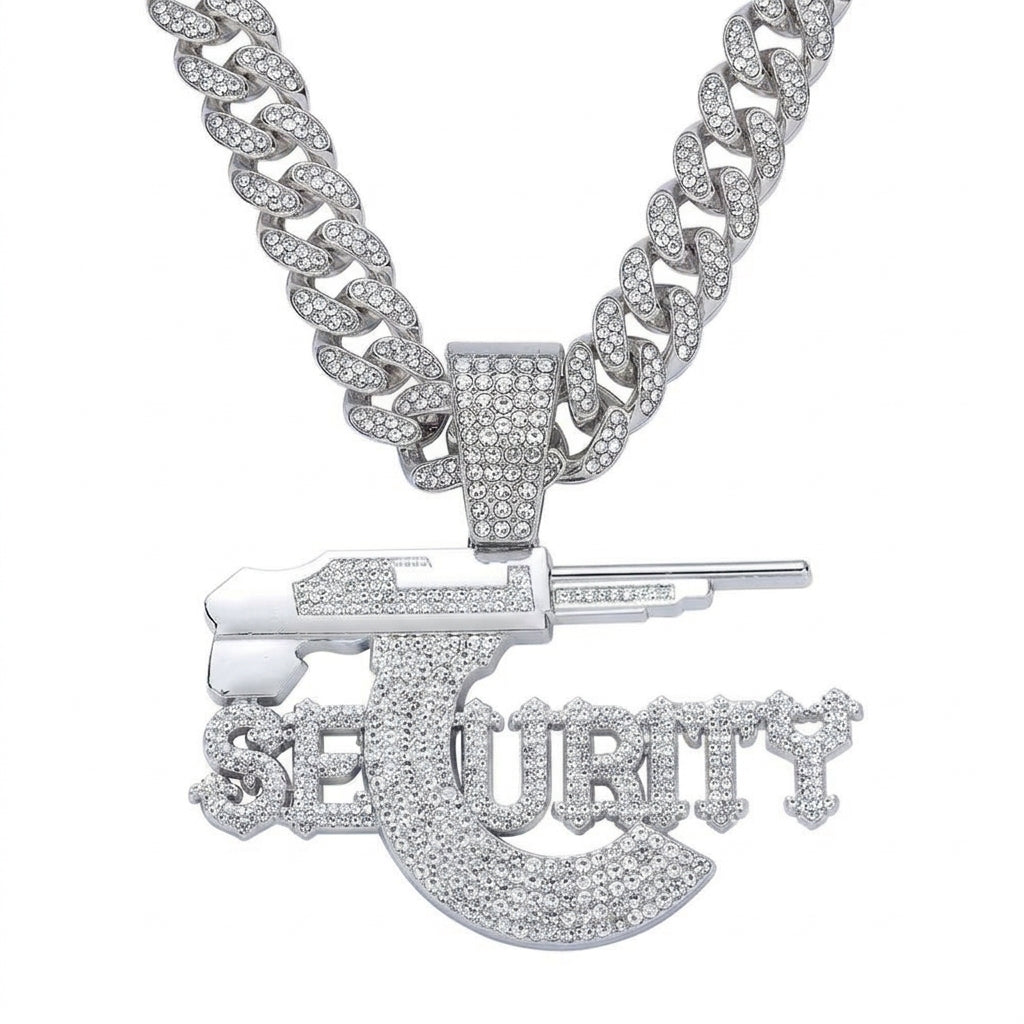 Iced Out SECURITY Pendant Necklace on Cuban Link Chain – Old English-Style Letters with Rifle Magazine C | Gold or Silver