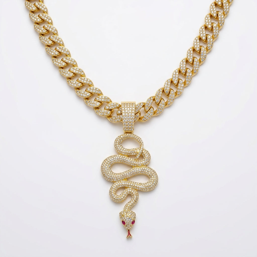 Iced Out Snake Pendant Necklace on Cuban Link Chain – Coiled Serpent with Red Eyes & Tongue | Gold or Silver