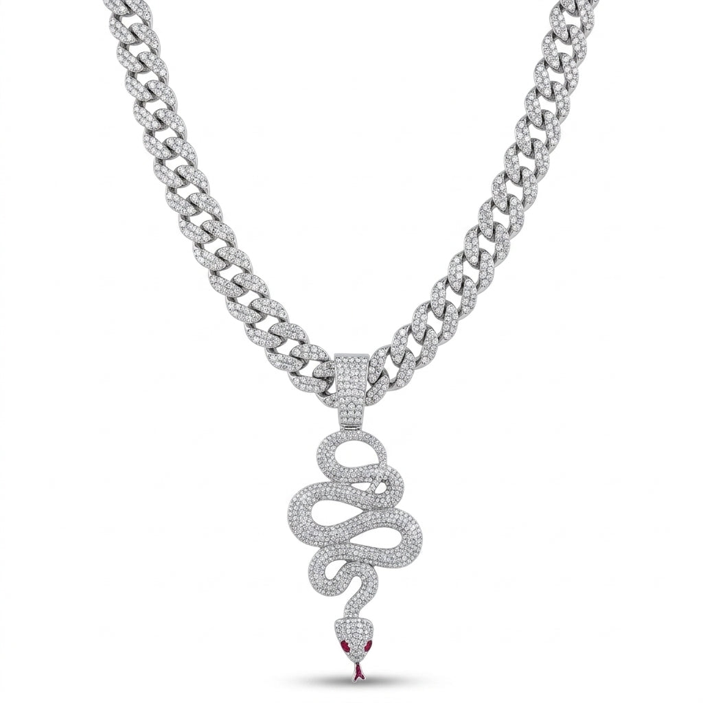 Iced Out Snake Pendant Necklace on Cuban Link Chain – Coiled Serpent with Red Eyes & Tongue | Gold or Silver