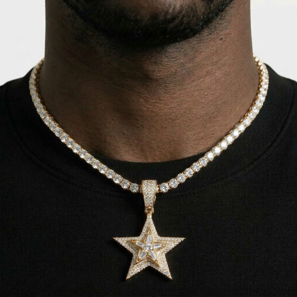 Iced Out Layered Star Pendant Necklace on Tennis Chain – Baguette-Stone Inner Star with Pavé Border | Gold or Silver
