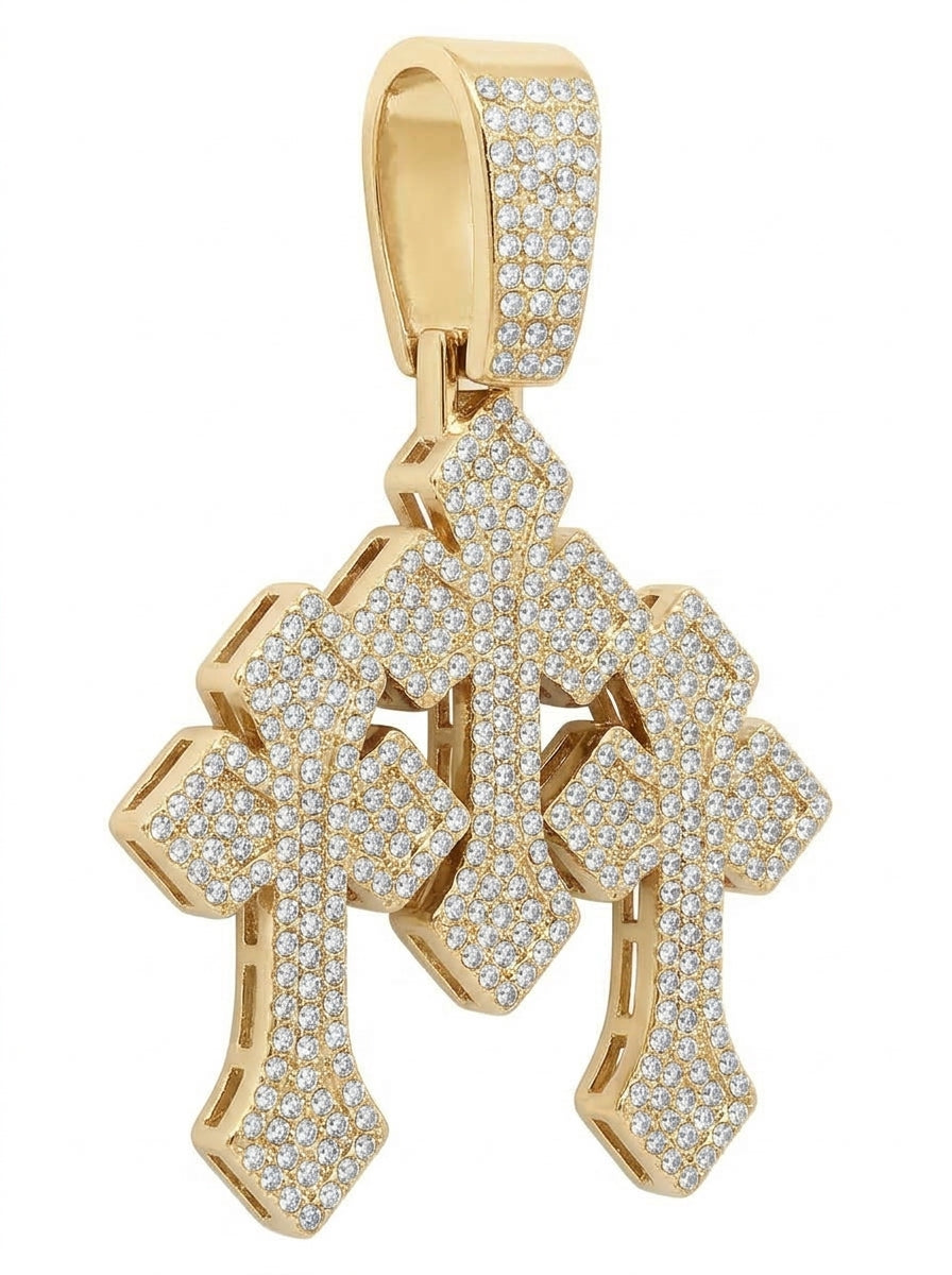 Iced Out Triple Cross Pendant – Three Stacked Crosses with Notched Arms, Fully Stone-Set, Religious Jewelry | Gold