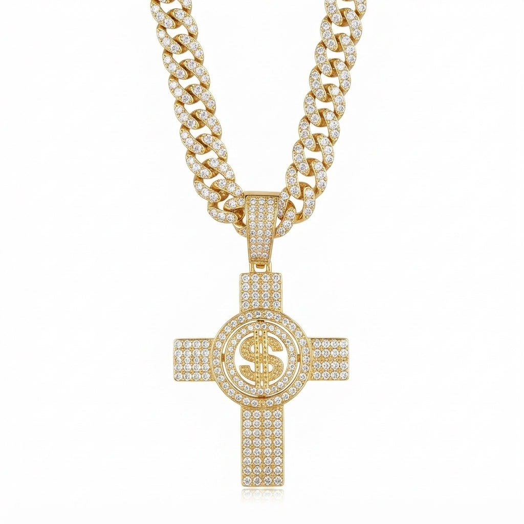 Iced Out Dollar Sign Cross Pendant Necklace on Cuban Link Chain – Fully Stone-Set with Double-Ring Center Frame | Gold or Silver