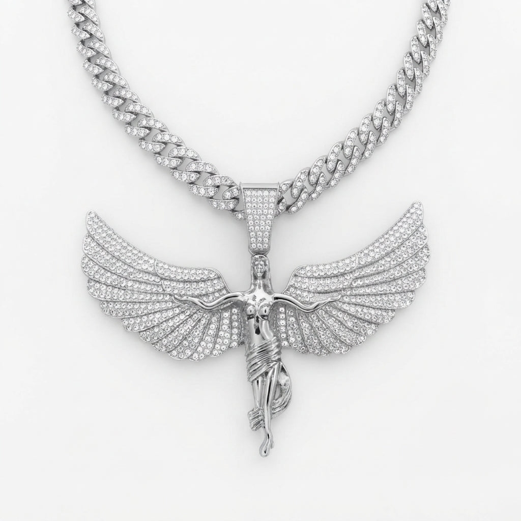 Iced Out Winged Angel Pendant Necklace on Cuban Link Chain – Polished Draped Figure with Stone-Set Wings | Gold or Silver