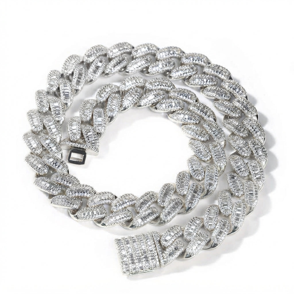 Iced Out Baguette Cuban Link Chain Necklace – Baguette-Stone Links with Pavé Borders & Box Clasp | Gold, Silver & Mixed-Metal Options