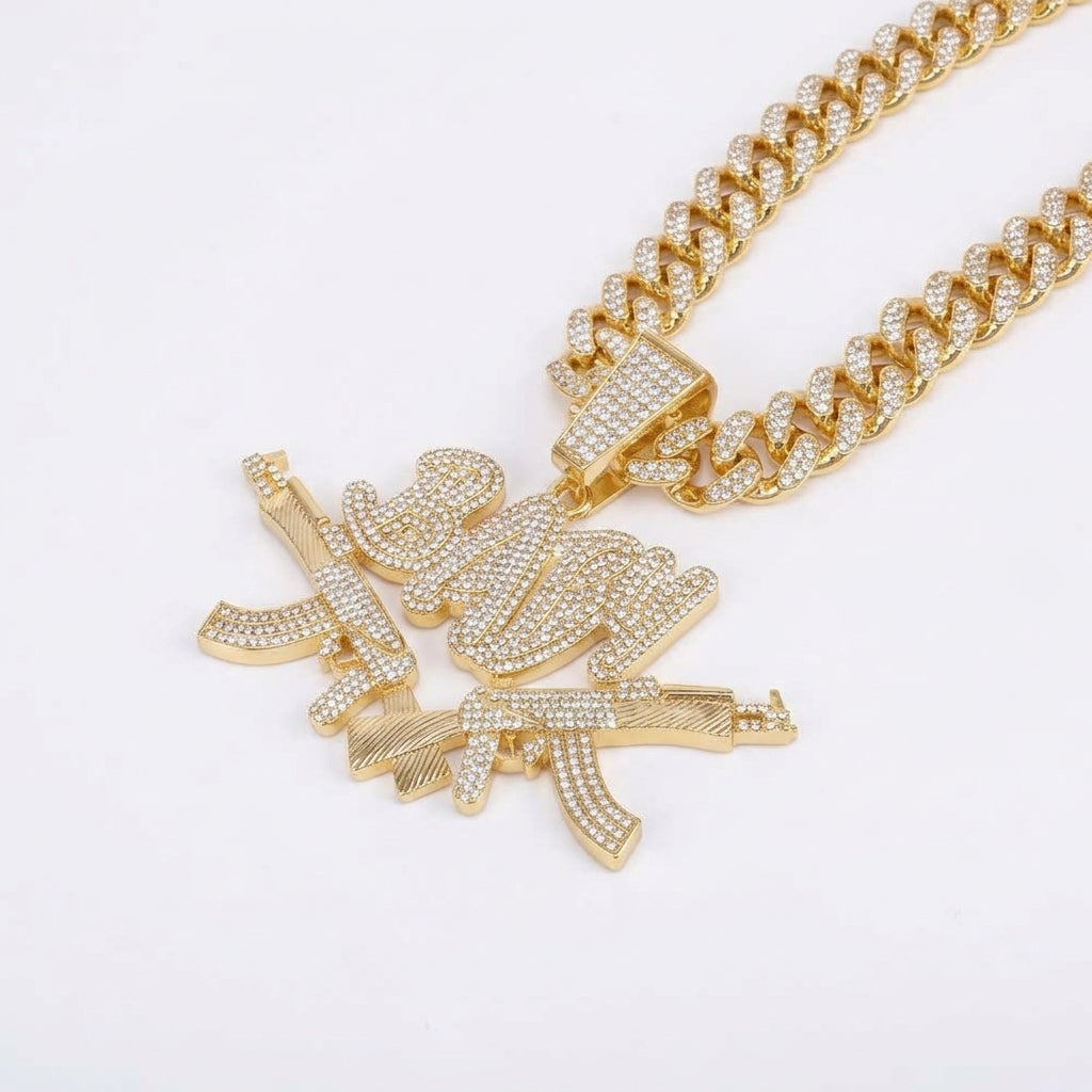 Iced Out Crossed Rifles Pendant Necklace on Cuban Link Chain – BABY Script Lettering | Gold or Silver