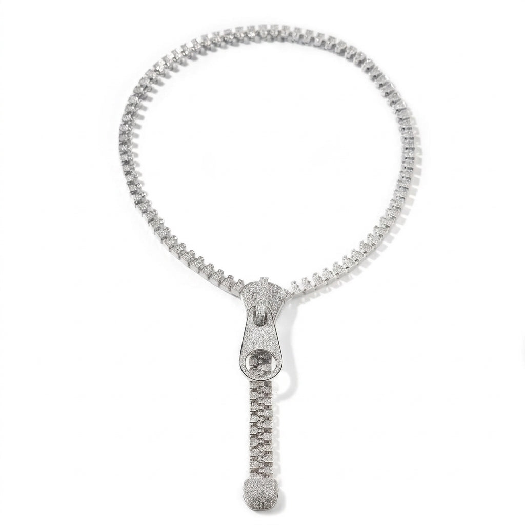Iced Out Zipper Pull Pendant Necklace on Tennis Chain – Stone-Set Slider, Pull Tab & Dangling Zipper Teeth | Gold or Silver