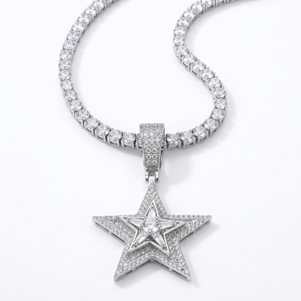 Iced Out Layered Star Pendant Necklace on Tennis Chain – Baguette-Stone Inner Star with Pavé Border | Gold or Silver