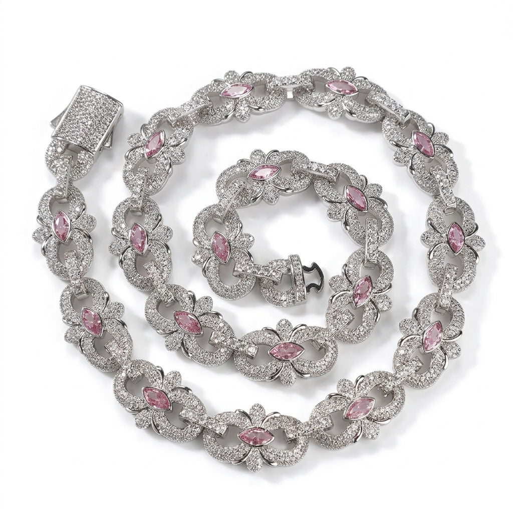 Iced Out Pink Marquise Stone Link Chain Necklace – Ornate Floral Links with Stone-Set Loops | Silver