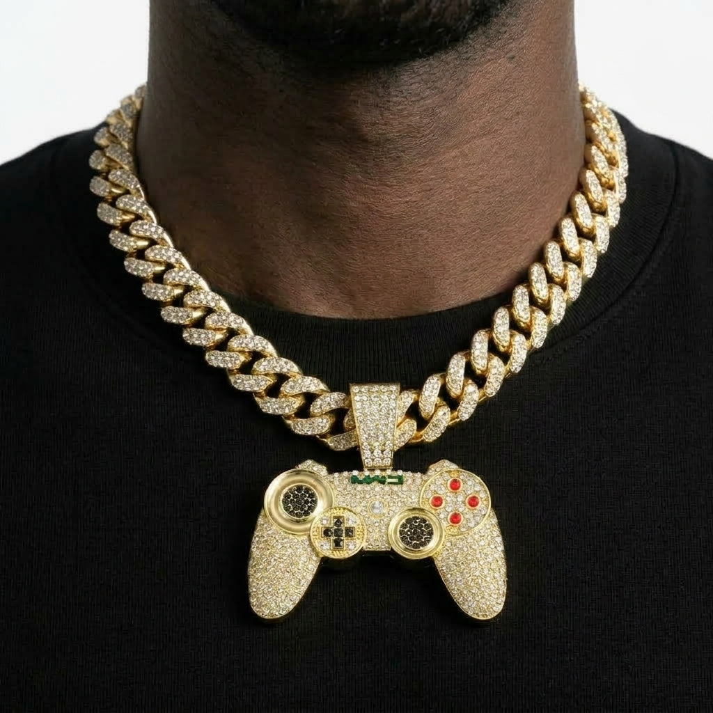 Iced Out Game Controller Pendant Necklace on Cuban Link Chain – Gamepad with Red Buttons & Black Stone Thumbsticks | Gold or Silver