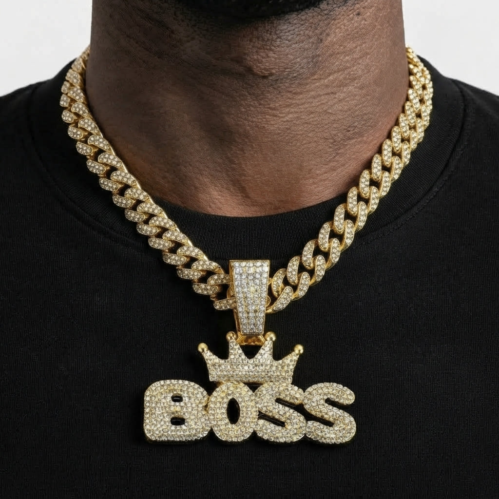 Iced Out Crowned BOSS Pendant Necklace on Cuban Link Chain – Puffy Bubble Letters with Stone-Set Crown | Gold or Silver