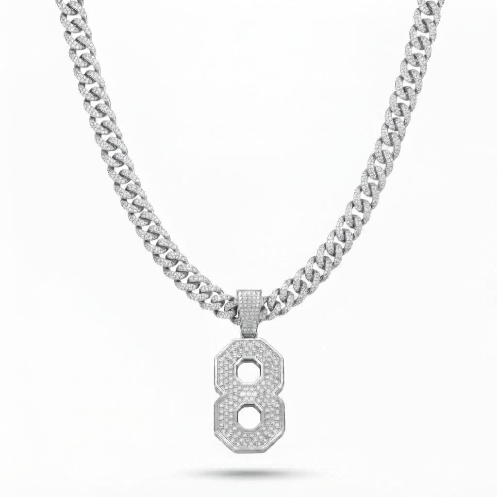 Iced Out Number 8 Pendant Necklace on Cuban Link Chain – Jersey-Style Numeral with Octagon Cutouts | Silver or Gold
