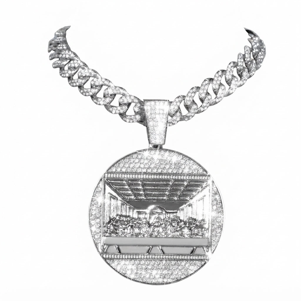 Iced Out Last Supper Medallion Pendant Necklace on Cuban Link Chain – Polished Relief Scene, Religious Jewelry | Gold or Silver